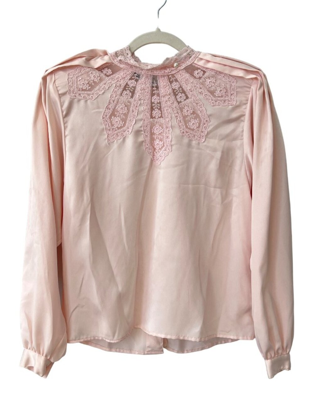 Vintage 80s Michelle Stuart Blouse Small Lace Satin Button Pink Fairy Coquette